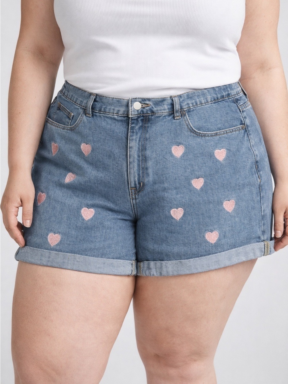 Denim Heart Print Women’s Shorts - Pink Hearts size 3X
